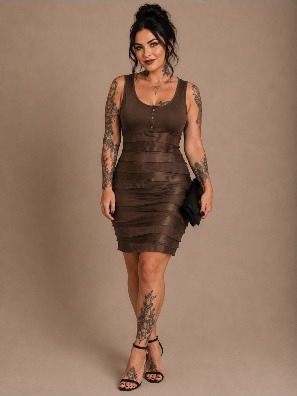 Kenneth Cole New York Brown Layered Ribbon Bodycon Dress Large